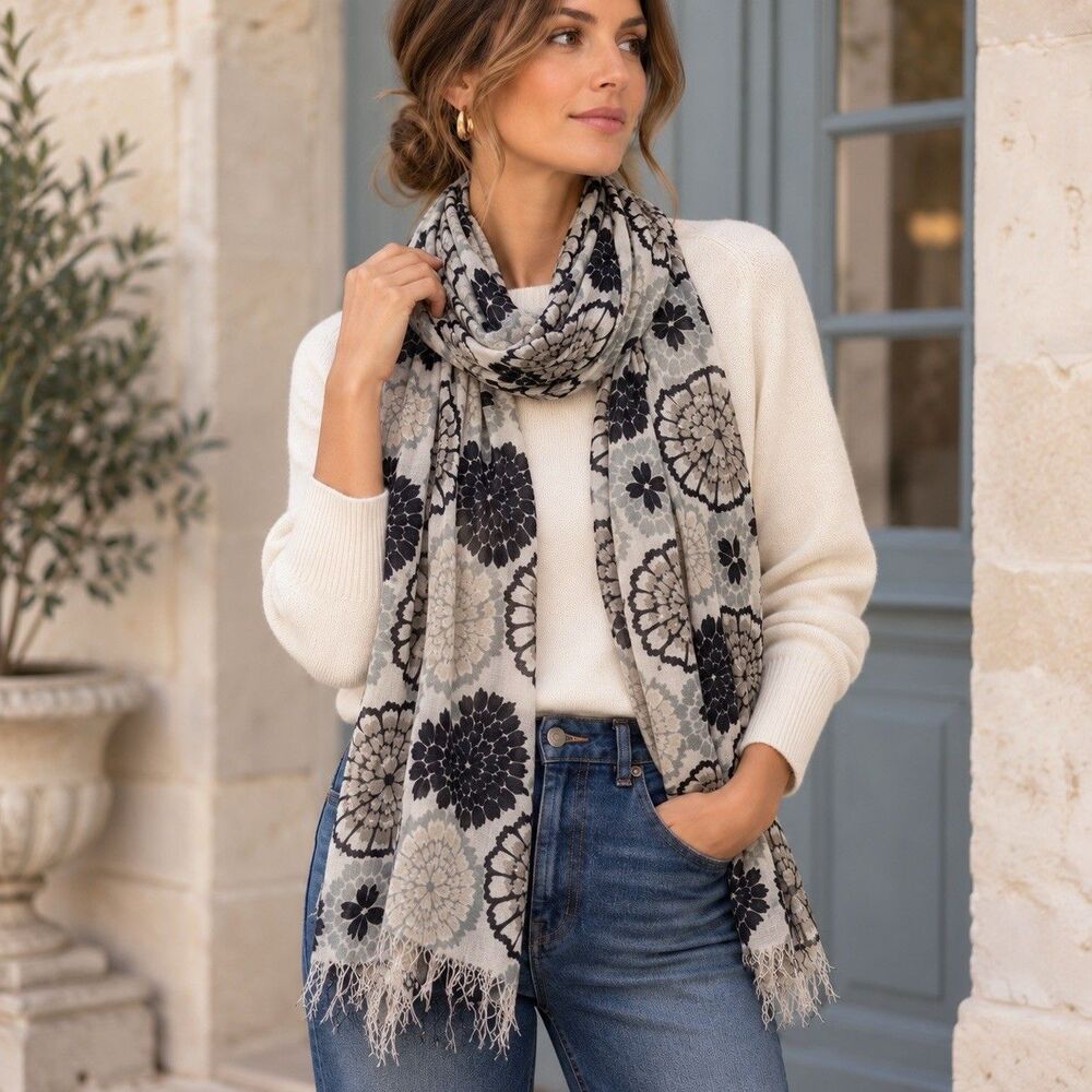 Floral Fringe Scarf Black Gray Ivory Lightweight Woven Wrap Shawl French Style